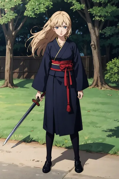 (best quality, masterpiece), 1girl,  samurai, full body,  furrowed brow, anime screencap, looking at viewer,  anime, 2d, outline, motion lines, outdoors, wind, standing,  floating hair,  dappled sunlight, holding sword, sheath,