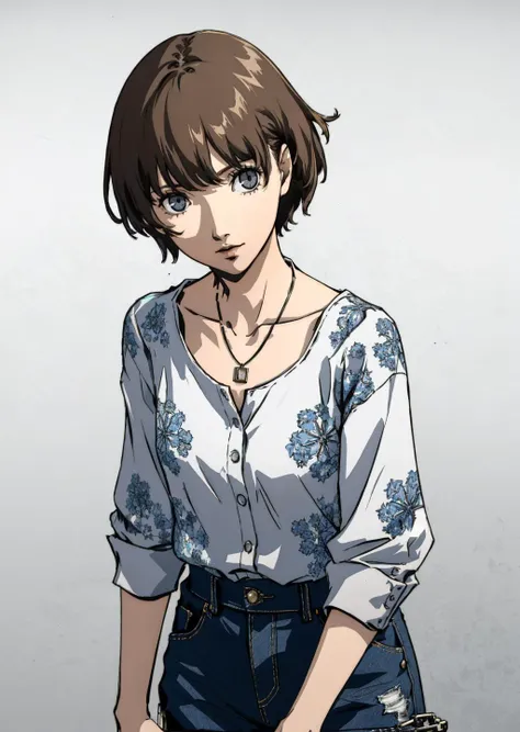 1girl, collarbone, short hair, looking at viewer, blurry foreground,  necklace, contemporary, plain pants, ((intricate, print, pattern)), partially unbuttoned, light brown hair, grey eyes, denim shorts, 
masterpiece, best quality, intricate detail