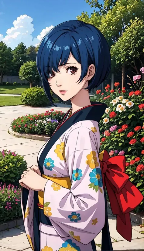 (best quality:1.2), (looking at viewer:1.5),hair over one eye, pixie cut, blue hair, medium breasts, 18 years old girl, kimono, garden,