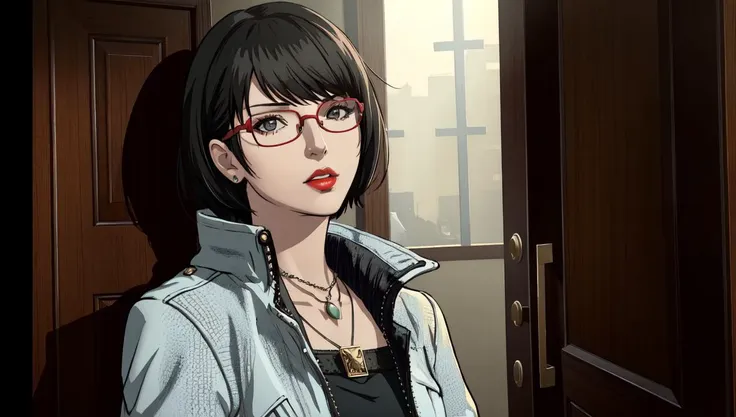 anime girl with glasses and a necklace standing in front of a door