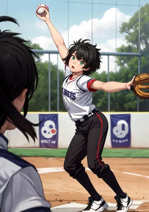 masterpiece, best quality, highres, intricate detail, bokeh, 1girl, solo focus,  female child,  (messy hair:1.2), short hair, black hair, (tomboy:1.7), gym class, softball uniform, long pants,  softball, pitcher, pitching, baseball field, green field, stan...