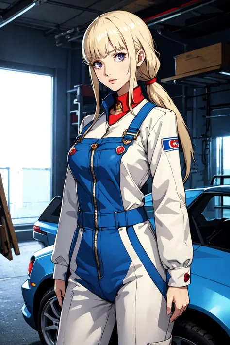 (best quality:1.2), (intricate details), (looking at viewer:1.5), large breasts, 20 years old girl, (russian), platinum blonde hair,, mechanic, Coveralls, Garage,, dreadlocks