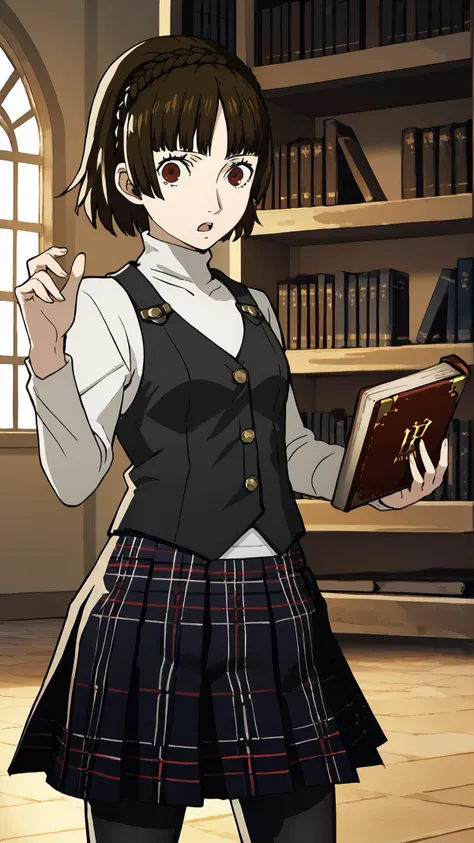 anime girl in school uniform holding a book and pointing at something