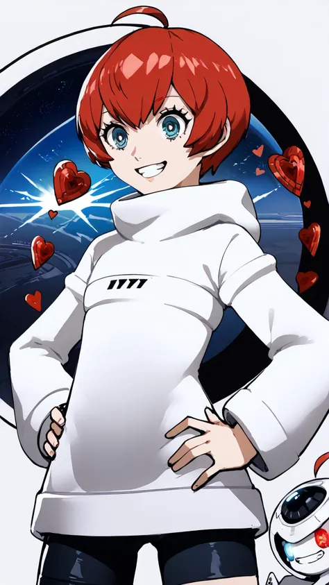 anime girl with red hair and blue eyes standing in front of a robot