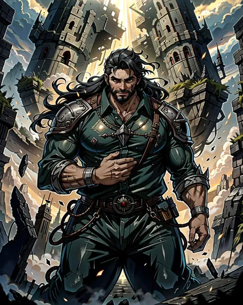 ((masterpiece), best quality, high quality, professional quality, highly detailed, highres, perfect lighting, natural lighting), (1boy, overweight, handsome, facial hair, long hair, black hair), wearing fantasy clothing, fighting, in a castle