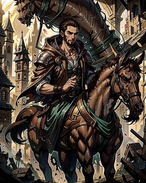 ((masterpiece), best quality, high quality, professional quality, highly detailed, highres, perfect lighting, natural lighting), (1boy, slender, handsome, goatee, short hair, brown hair), wearing wizard robes, riding a horse, in a castle