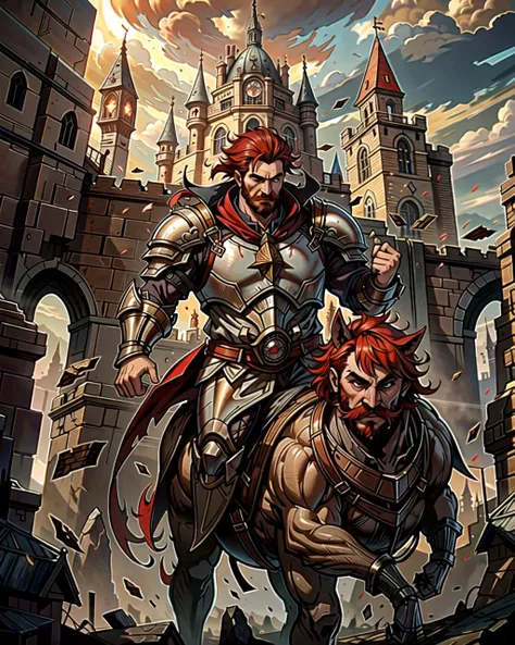 ((masterpiece), best quality, high quality, professional quality, highly detailed, highres, perfect lighting, natural lighting), (1boy, overweight, handsome, mustache, short hair, red hair), wearing armor, riding a horse, in a castle