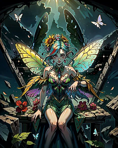 ((masterpiece), best quality, high quality, professional quality, highly detailed, highres, perfect lighting, natural lighting), beautiful fairy, butterfly wings, multicolored wings, translucent wings, sitting, on flower