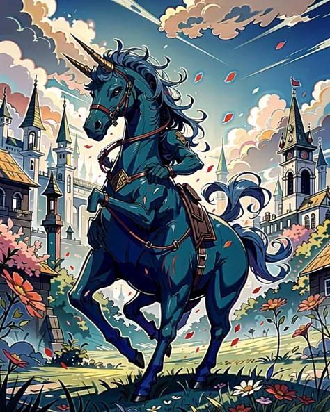 ((masterpiece), best quality, high quality, professional quality, highly detailed, highres, perfect lighting, natural lighting), unicorn, galloping, field of flowers