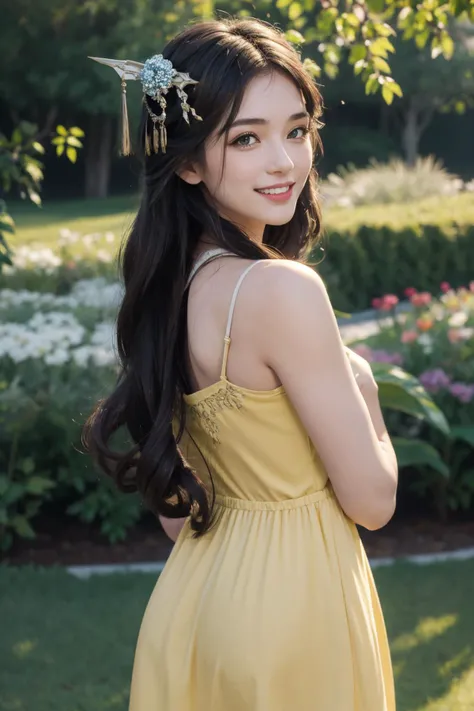 masterpiece, best quality, absurdres, perfect anatomy, 1girl, solo, Shura, hair ornament, hair flower, from behind, (yellow sundress), garden, day, sunshine, smile, looking back, <lora:Shura:1>