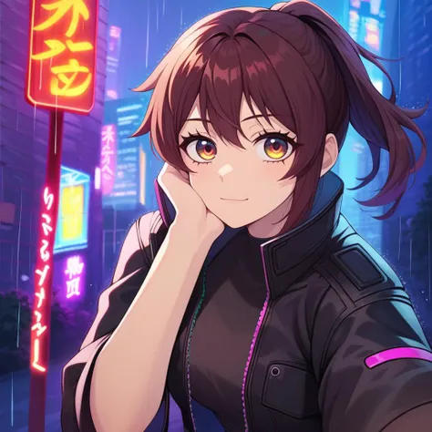 anime girl in black jacket standing in the rain with her hand on her face