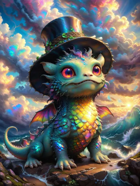 a painting of a dragon wearing a hat and a top hat