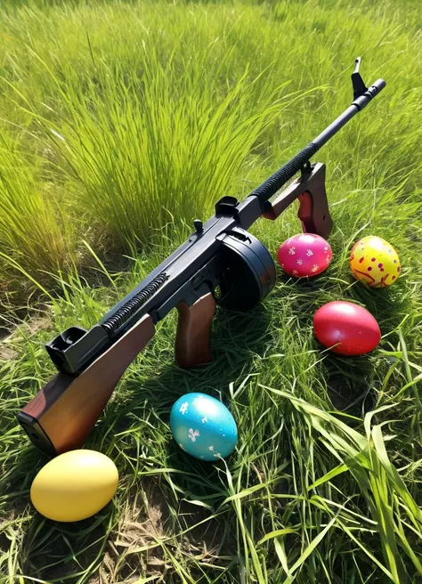 colorful easter eggs with long arms holding a tmmygn submachine gun, sunglasses, bright sun, outside, high grass,
<lora:Thompson_Submachine_Gun_-_1928_SDXL:0.8>