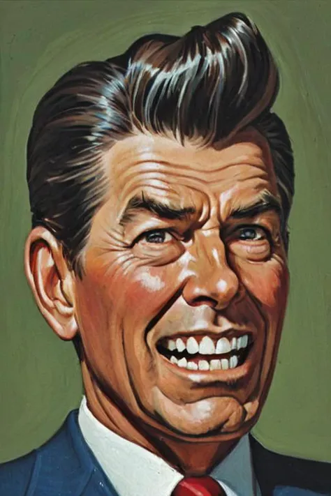 a solo portrait painting of Ronald Reagan, upper body, exaggerated cartoon caricature, marsattacks style, 
<lora:Mars_Attack_Style_XL_2>