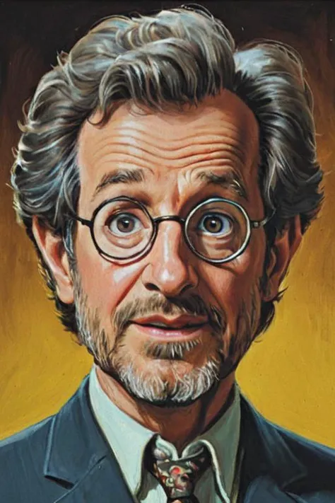 a solo portrait painting of Steven Spielberg, upper body, exaggerated cartoon caricature, marsattacks style, 
<lora:Mars_Attack_Style_XL_2>