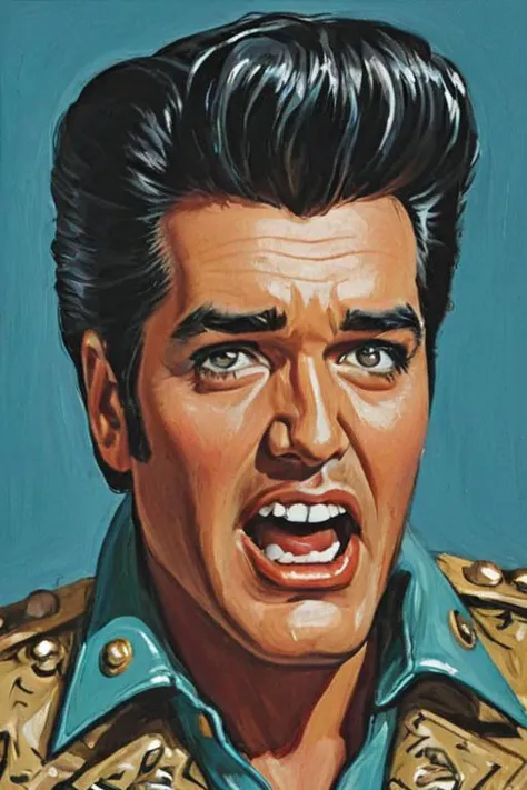 a solo portrait painting of  Elvis, upper body, exaggerated cartoon caricature, marsattacks style, <lora:Mars_Attack_Style_XL_2>