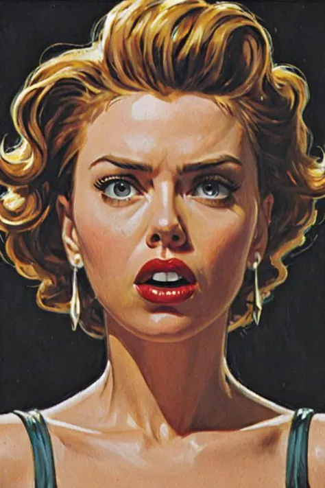 a solo portrait painting of Scarlett Johansson, upper body shot, sorry,   prefect face skin, 1girl, marsattacks style, <lora:Mars_Attack_Style_XL_2>