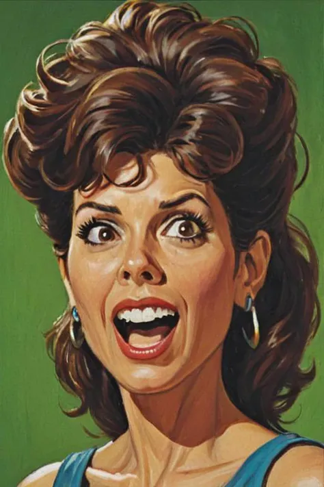 a solo portrait painting of Marisa Tomei from spiderman, upper body, exaggerated cartoon caricature, marsattacks style, 
<lora:Mars_Attack_Style_XL_2>