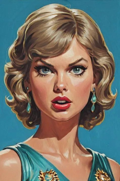 a solo portrait painting of Taylor Swift, upper body, exaggerated cartoon caricature, marsattacks style, 
<lora:Mars_Attack_Style_XL_2>