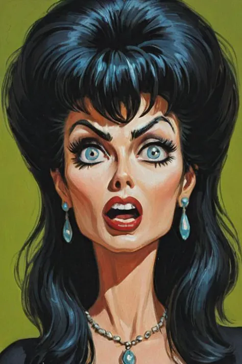 a solo portrait painting of  Elvira, upper body, exaggerated cartoon caricature, marsattacks style, <lora:Mars_Attack_Style_XL_2>