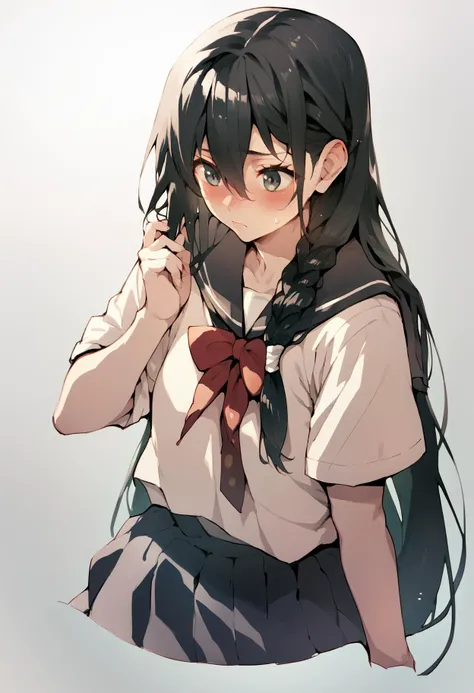 1girl, solo, school uniform,black hair, very long hair, single braid, side braid, hair between eyes,low-tied long hair,<lora:velvet_autismConfetti_v04:1>, <lora:PONY-ç»-Takeda Hiromitsu:1>,score_9, score_8_up, score_7_up, score_6_up, blush,