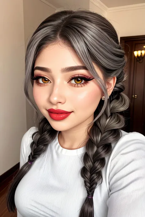 (long shot:1.2), <lora:sd15_locon_MahiyeSelin_16_v1.0:.9> MahiyeSelin makeup wing eyeliner plum lipstick_. smile, greige color hair styled as fishtail halo braid