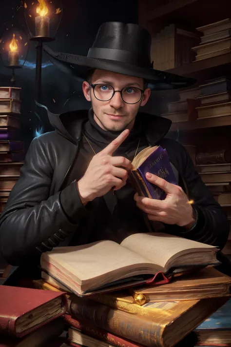 arafed man in a black hat and glasses reading a book