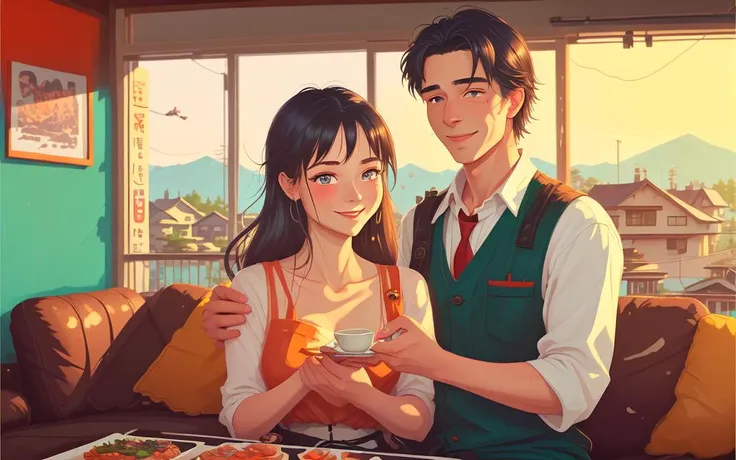 anime couple eating sushi in a living room with a view of mountains