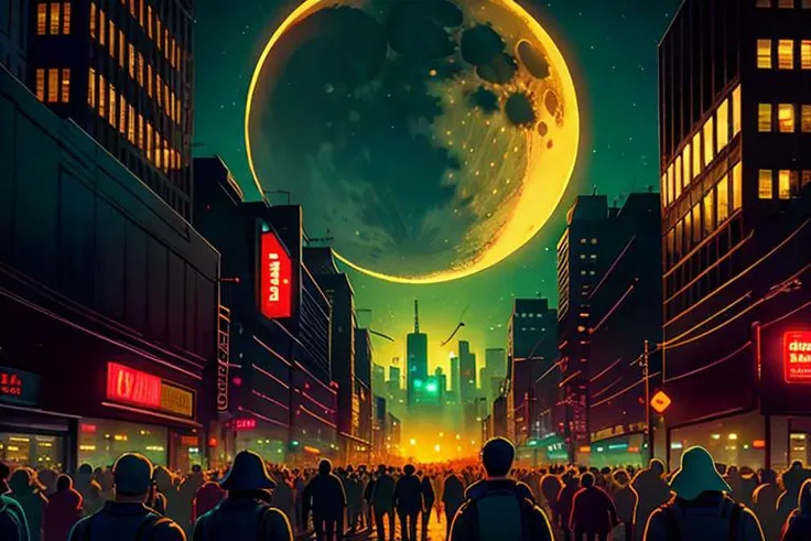 a group of people walking down a street at night with a full moon