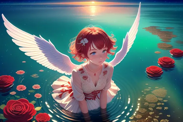 
1girl, red hair, (far away:0.8), short hair, curly hair, [wavy hair], red eyes, expressionless, red dress, intricate dress, frilled dress, flowered dress, long dress, angel wings, white wings, halo, looking up, (from above:1.2), floating in the water, (ly...