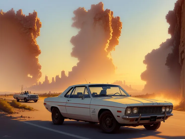 cars driving down a road with smoke rising from the sky