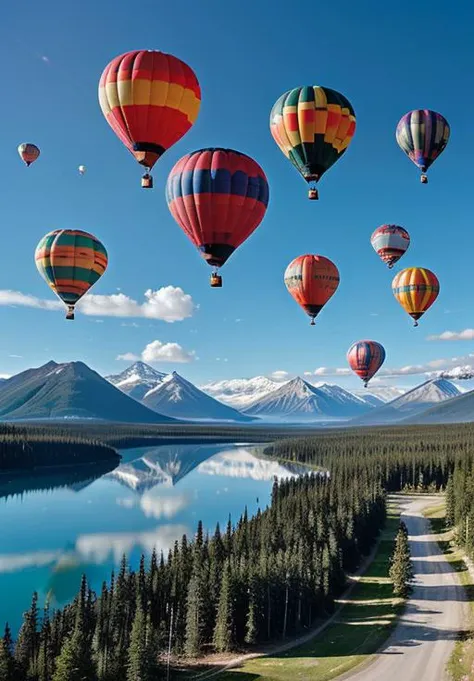 a group of hot air balloons flying over a lake, trending on imagestation, banff national park, very beautiful scenery, hovering above a lake in yukon, beautiful!!!! museum photo, flying rocky island, travel guide, soap bubbles, blog-photo, connectedness, r...