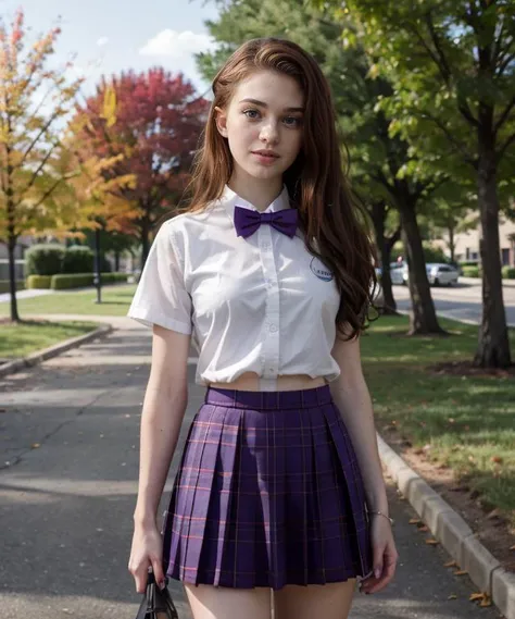 RAW, Nikon Z6, 55mm, jp-Gingerv1-275, 21 year old woman, realistic, detailed, scenic view of school campus, full body shot <lora:School Dress By Stable Yogi:0.8> school uniform, bow-tie, white shirt, purple pleated skirt