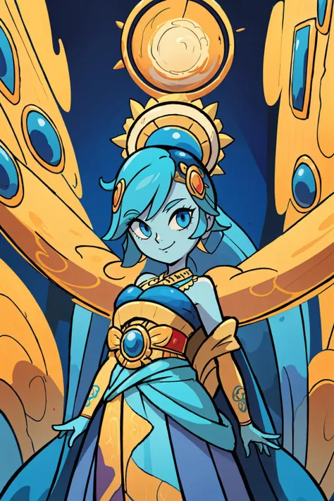 a cartoon image of a woman in a blue dress and gold armor