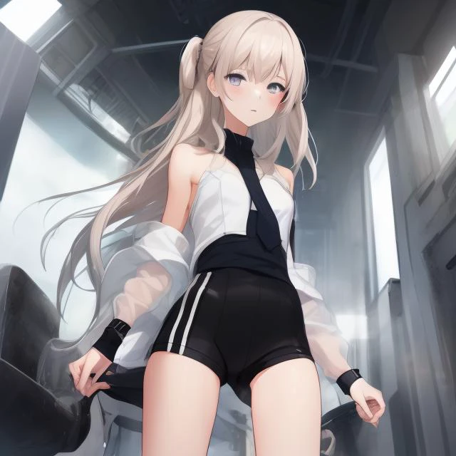 (((masterpiece))) , (((best quality))) , anime style, 2d, Serious broad-shouldered Albanian cozy 1girl, solo, she is wearing a Fashwave fashion style Athletic shorts, Light hair styled as Side part, key visual