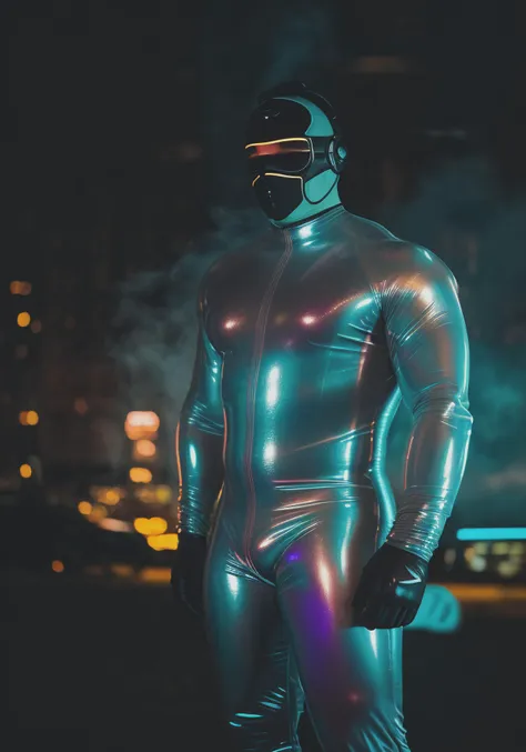 a close up of a person in a shiny suit standing on a street