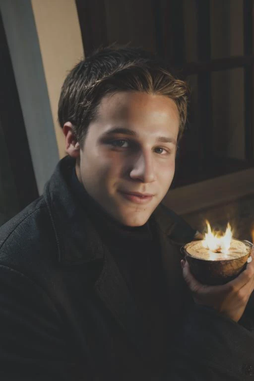 arafed man holding a lit candle in his hand