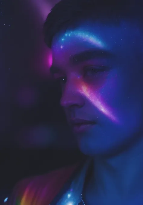 Highly detailed, Cinematic Portrait focus, 1boy, juicy twunk in space, face focus, looking at viewer, (glitter makeup:0.9), glitter lipstick, rainbow, nebula, 8k, octane, (GS-Boyish:0.3)