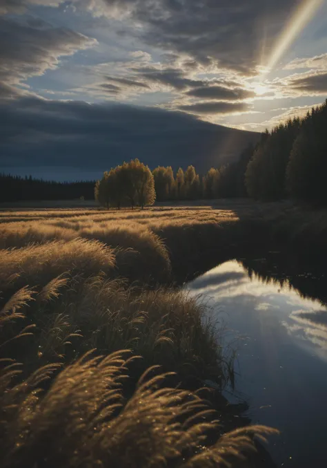 Mirror-less camera, (Ground level Landscape Photography, photojournalism, (Edmonton alberta)), Prairies, Gravel road, [[rolling hills]], Pristine farm land, golden hour, clouds, volumetric rays of light, depth of field, (Fully detailed background). Oil pai...