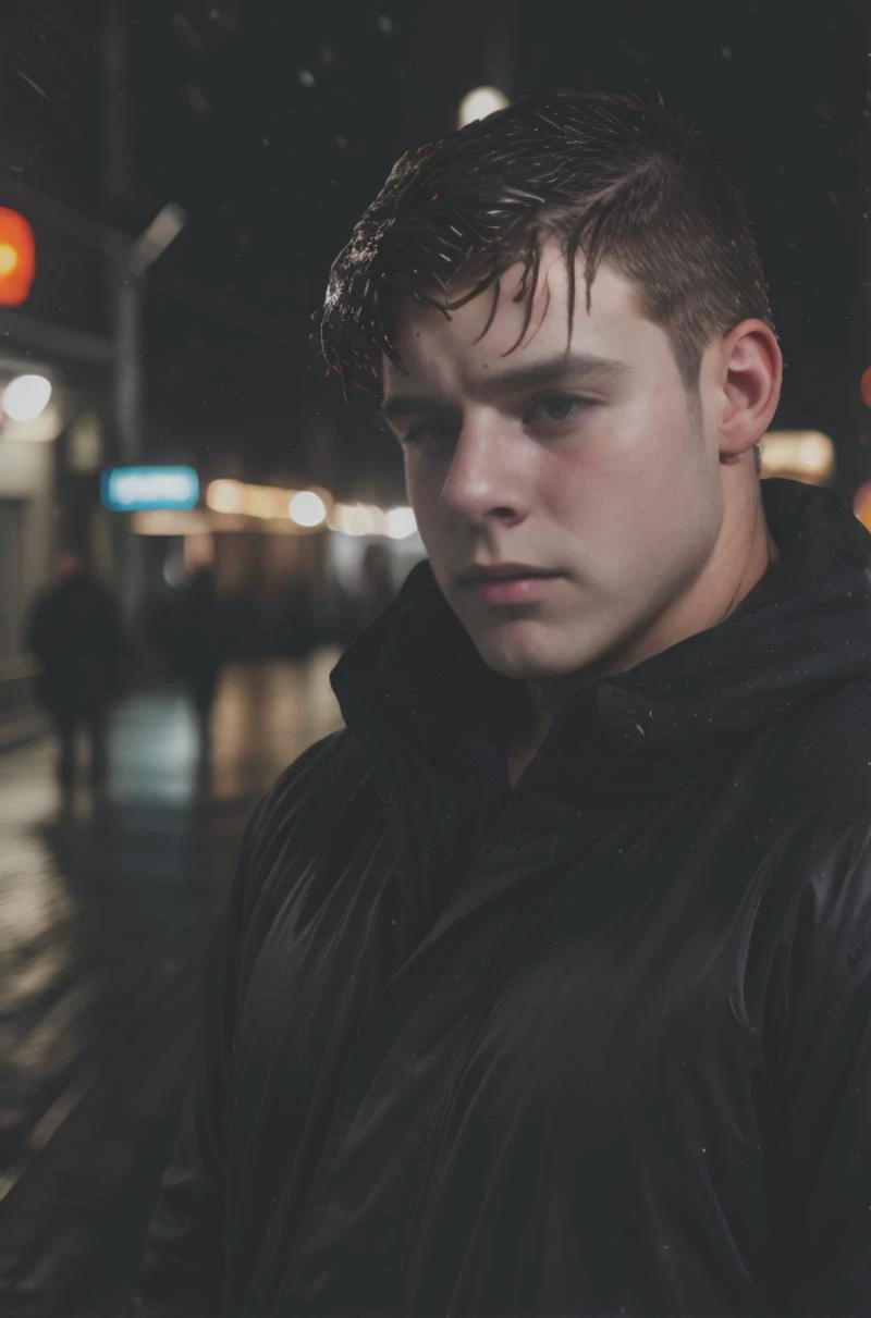 RAW photo, expressive face, anxious facial expression, 25yo 1boy, dg_Dale <lora:dg_Dale_v1:0.8>, bully, dark city streets, snowing, snowfall, black jacket, black sunglasses, wet, wet hair, detailed realistic hands, outdoors, nighttime, dark, night,