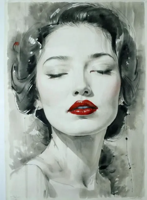 ink wash painting of a beautiful woman, red lips, <lora:xl_shuimo:1>