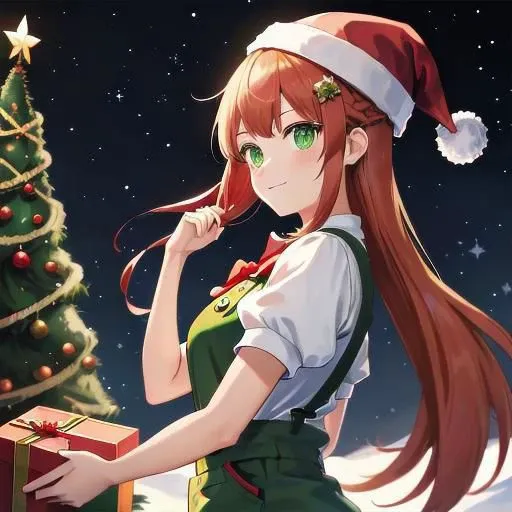 Christmas Theme,  1 girl,  solo,  green eyes,  santa hat,  holding lights,  happy,   two tone hair, red hair, green hair, long hair,  bangs,  hair_ornament,  puffy_sleeves,  shirt,  short_sleeves,  suspenders,  vfxfriday,  cottagepunk,  rtx, studio anime, ...