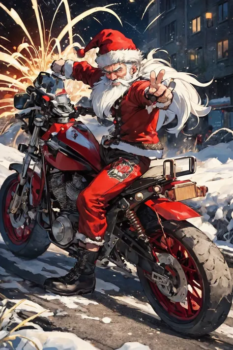 santa claus riding a motorcycle with fireworks in the background