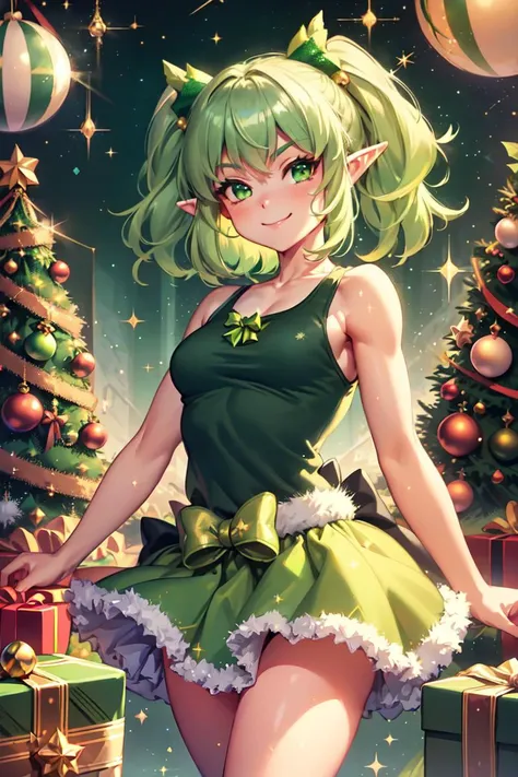 (green team:1.5),(high quality:1.2), (best quality:1.2), (masterpiece:1.2), official art, official wallpaper, surreal, close up,  (Green Santa, 1 woman, green fuzzy tank top, cute skirt, athletic elf, detailed abs, cute, small breasts, strong girl, inside,...