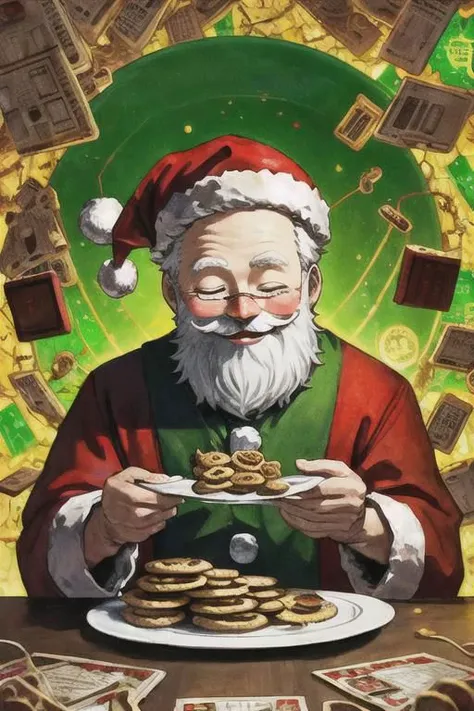 a painting of a santa claus eating cookies on a plate