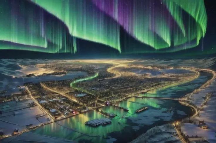 a painting of a city with a river and aurora lights