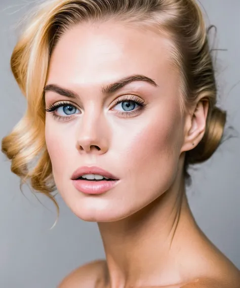 <lora:NancyAce_SDXL_v1.0:1> 
((ohwx))
(headshot close-up:1.3) 
Capture a serene and elegant close-up headshot of a golden blonde woman with a classic, updo hairstyle, posing against a soft, pastel-colored background. The woman should be positioned at a sli...