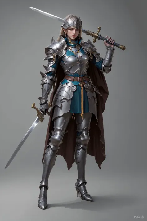 a woman in armor holding two swords and a sword