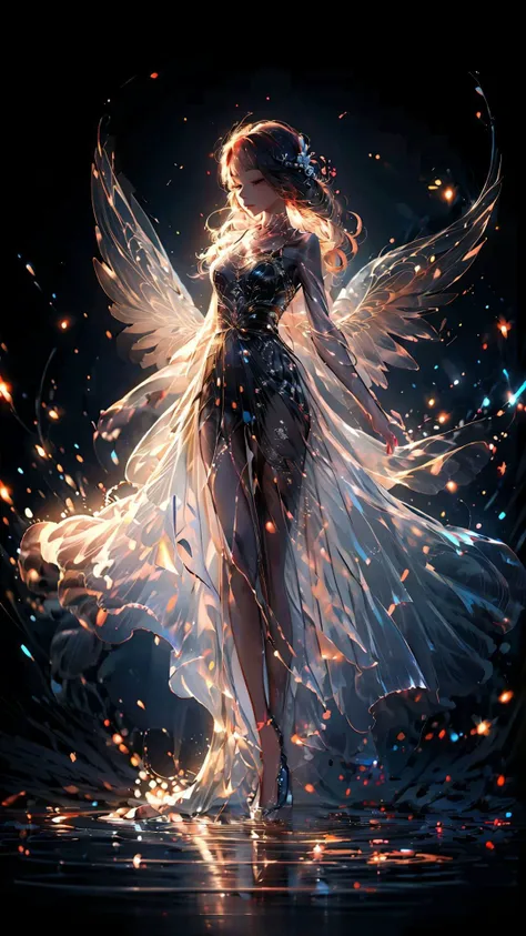 a woman in a dress with wings and sparkles in the air