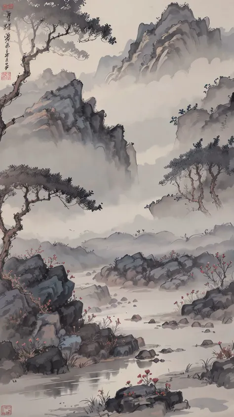 a close up of a painting of a mountain with trees and rocks